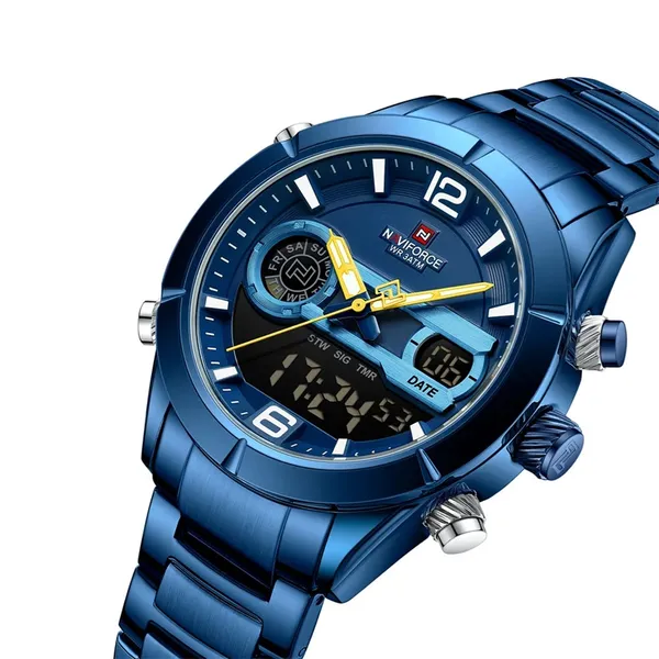 Naviforce 9232 Luxury Stainless Steel Strap Analog Digital Sports Men's Watch – Dial Color: Blue, Strap Color: Blue – View 2