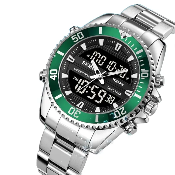 Skmei 1850 Dual Movement Waterproof Multifunction Men's Watch – Dial Color: Green, Strap Color: Silver – View 2