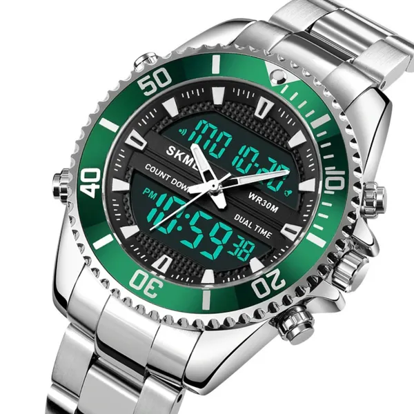 Skmei 1850 Dual Movement Waterproof Multifunction Men's Watch – Dial Color: Green, Strap Color: Silver – View 3