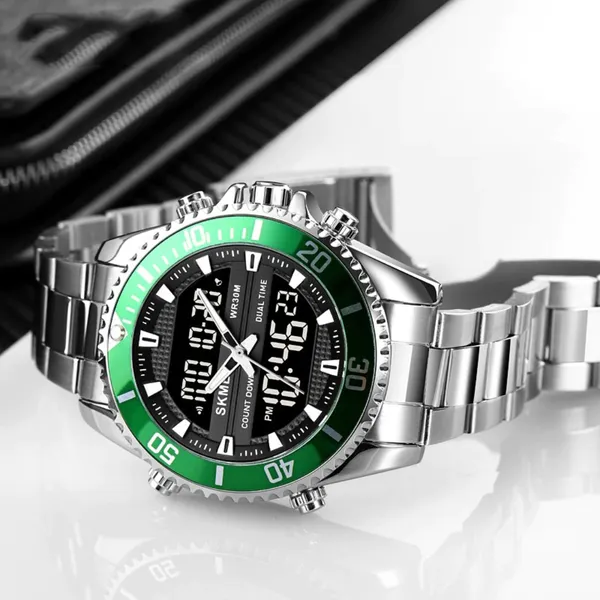 Skmei 1850 Dual Movement Waterproof Multifunction Men's Watch – Dial Color: Green, Strap Color: Silver – View 4
