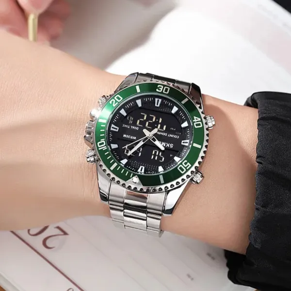 Skmei 1850 Dual Movement Waterproof Multifunction Men's Watch – Dial Color: Green, Strap Color: Silver – View 5