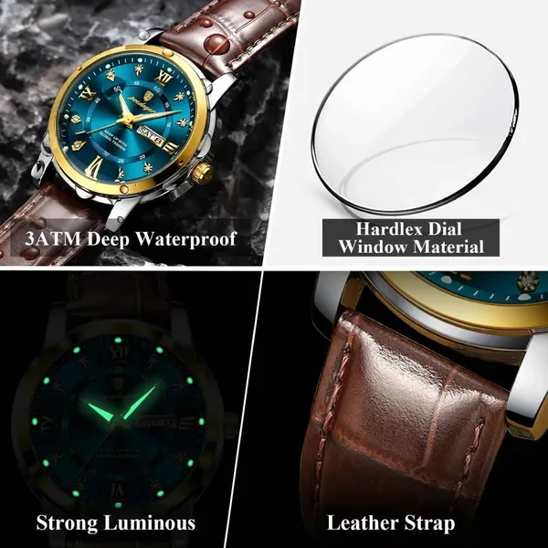 Poedagar 936L Luxury Waterproof Luminous Leather Men's Watch – Dial Color: Blue, Strap Color:  Brown  – View 3