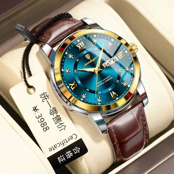 Poedagar 936L Luxury Waterproof Luminous Leather Men's Watch – Dial Color: Blue, Strap Color:  Brown  – View 4