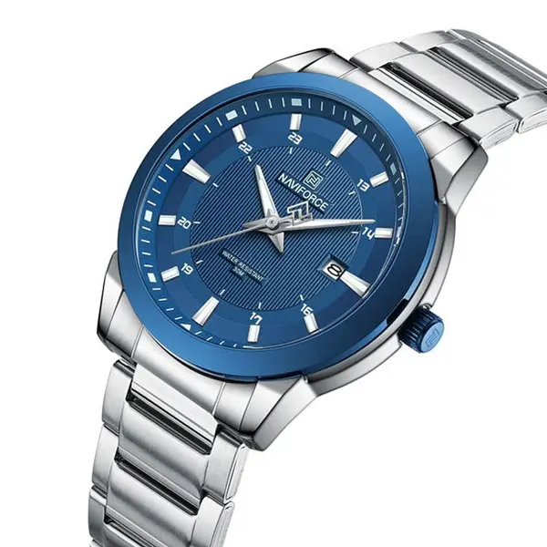 Naviforce NF8029 Luxury Stainless Steel Quartz Analog Men's Watch – Dial Color: Blue, Strap Color: Silver – View 3