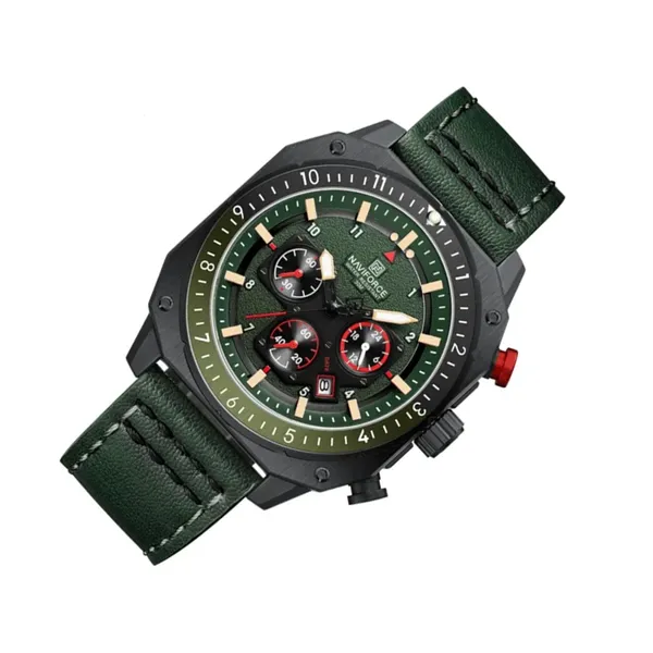 Naviforce 8057 High Quality Genuine Leather Straps Chronograph Men's Watch – Dial Color: Green, Strap Color: Green  – View 2
