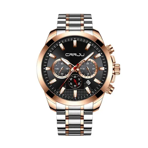 CRRJU 2286 High Quality Stainless Steel Multifunctional Quartz Classic Men's Watch – Dial Color: Rose Black, Strap Color: Silver – View 1