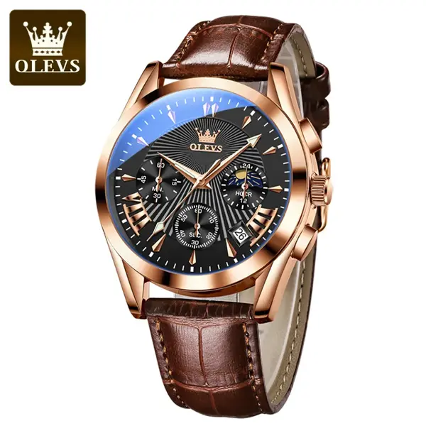 OLEVS 2876 Luxury Leather Strap Chronograph Analog Quartz Wristwatch for Men – Dial Color: Black, Strap Color:  Brown  – View 3