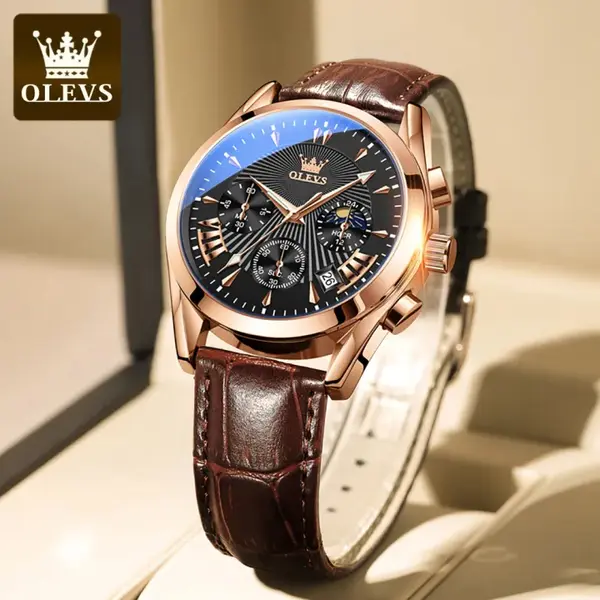 OLEVS 2876 Luxury Leather Strap Chronograph Analog Quartz Wristwatch for Men – Dial Color: Black, Strap Color:  Brown  – View 4