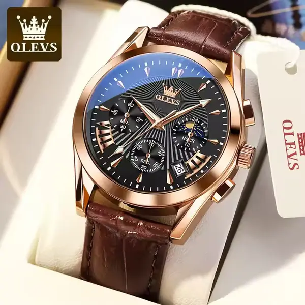 OLEVS 2876 Luxury Leather Strap Chronograph Analog Quartz Wristwatch for Men – Dial Color: Black, Strap Color:  Brown  – View 5