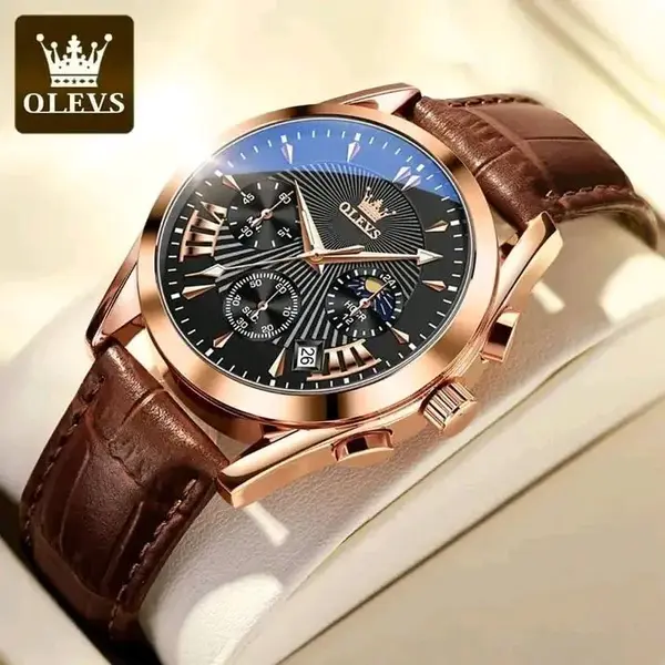 OLEVS 2876 Luxury Leather Strap Chronograph Analog Quartz Wristwatch for Men – Dial Color: Black, Strap Color:  Brown  – View 2