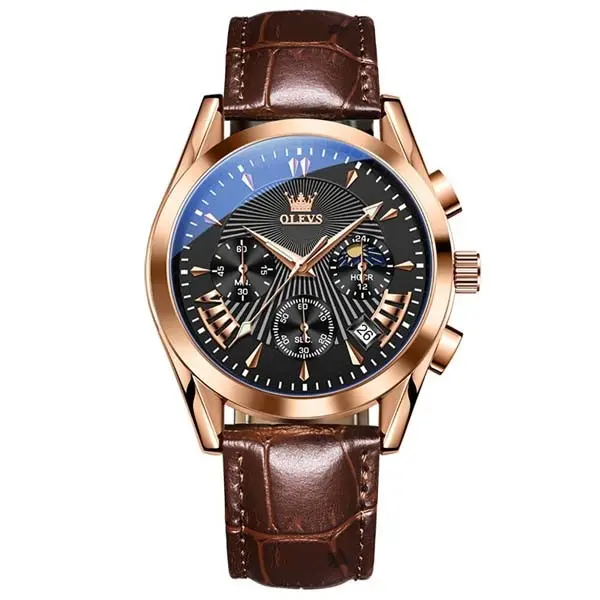 OLEVS 2876 Luxury Leather Strap Chronograph Analog Quartz Wristwatch for Men – Dial Color: Black, Strap Color:  Brown  – View 1