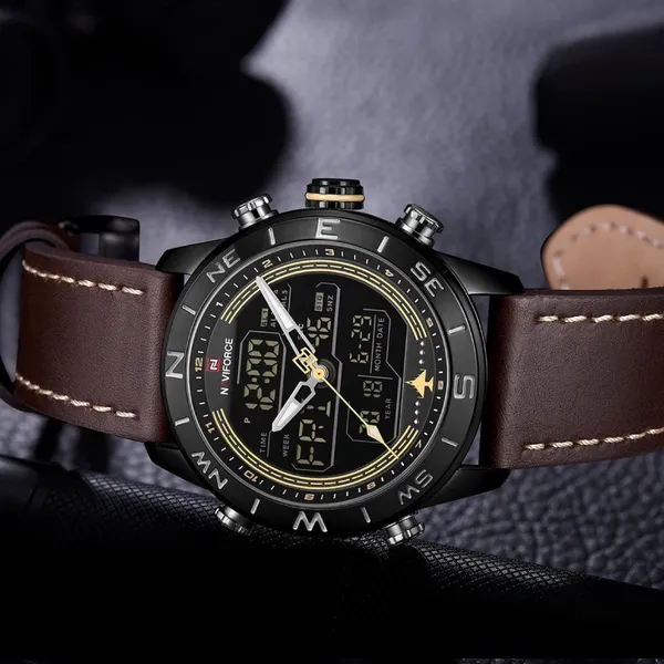 Naviforce NF9144 Luxurious Leather Waterproof Quartz Men's Watch – Dial Color: Black, Strap Color: Brown – View 5