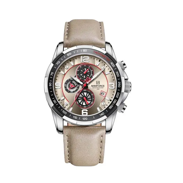 Naviforce NF8020L Luxury Leather Quartz Chronograph Casual Sports Style Men's Watch – Dial Color: Silver, Strap Color: Grey – View 1