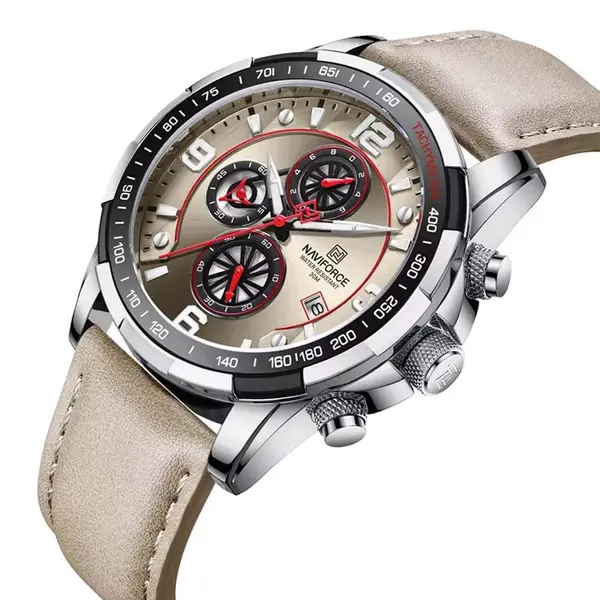 Naviforce NF8020L Luxury Leather Quartz Chronograph Casual Sports Style Men's Watch – Dial Color: Silver, Strap Color: Grey – View 3