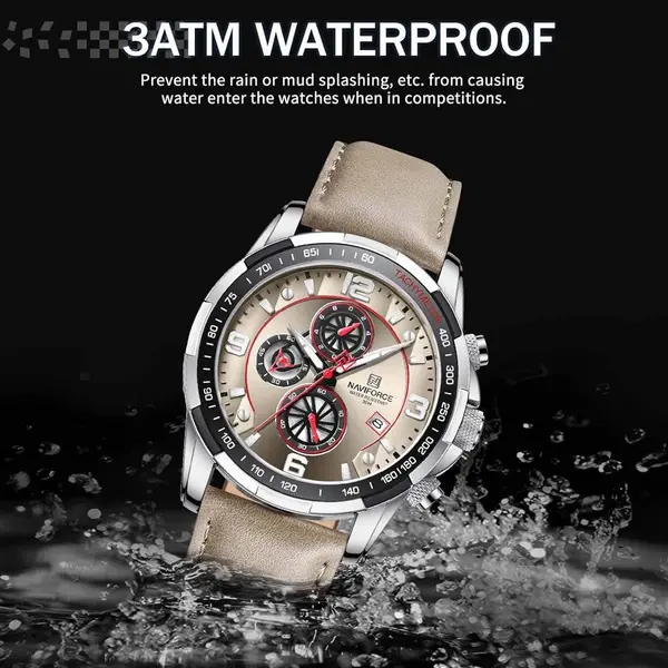 Naviforce NF8020L Luxury Leather Quartz Chronograph Casual Sports Style Men's Watch – Dial Color: Silver, Strap Color: Grey – View 4