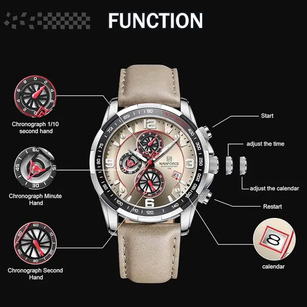 Naviforce NF8020L Luxury Leather Quartz Chronograph Casual Sports Style Men's Watch – Dial Color: Silver, Strap Color: Grey – View 7