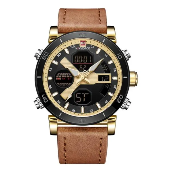 Naviforce 9132 Sport Military Dual Display Multifunction Men's Watch – Dial Color: Gold, Strap Color: Brown – View 1