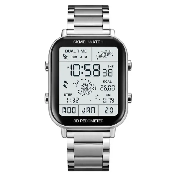 SKMEI 1888 Stainless Steel Calorie Mileage Digital Sporty Men's Watch – Dial Color: White, Strap Color: Silver – View 1