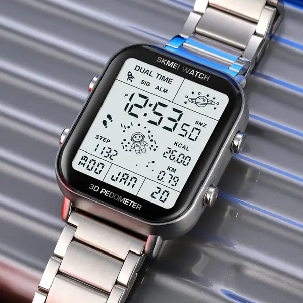 SKMEI 1888 Stainless Steel Calorie Mileage Digital Sporty Men's Watch – Dial Color: White, Strap Color: Silver – View 2