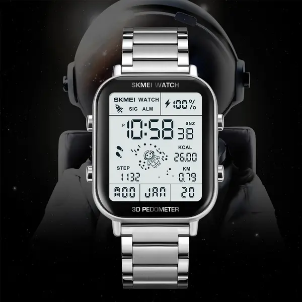 SKMEI 1888 Stainless Steel Calorie Mileage Digital Sporty Men's Watch – Dial Color: White, Strap Color: Silver – View 3