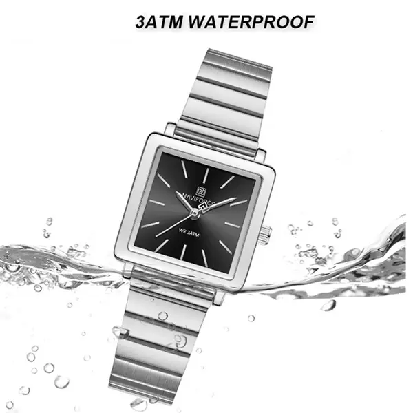 NAVIFORCE NF5048 Stylish Square Waterproof Women’s Watch – Dial Color: Black, Strap Color: Silver – View 3
