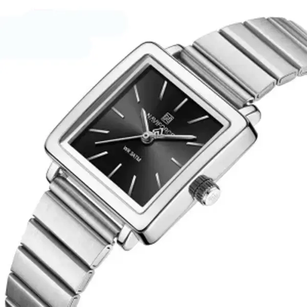 NAVIFORCE NF5048 Stylish Square Waterproof Women’s Watch – Dial Color: Black, Strap Color: Silver – View 2
