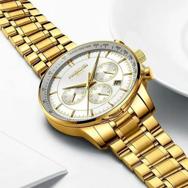 Nibosi 2351 Classic Stainless Steel Multifunctional Chronograph Analog Fashion Men's Watch – Dial Color: White Gold, Strap Color: Gold – View 3