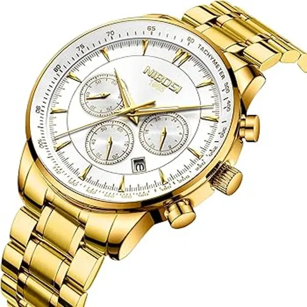 Nibosi 2351 Classic Stainless Steel Multifunctional Chronograph Analog Fashion Men's Watch – Dial Color: White Gold, Strap Color: Gold – View 2
