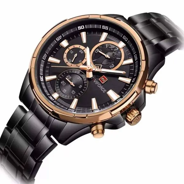Naviforce NF9089 Stainless Steel Chronograph Multifunctional Classic Men's Watch – Dial Color: Rose Gold, Strap Color: Black – View 3