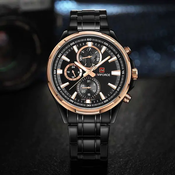 Naviforce NF9089 Stainless Steel Chronograph Multifunctional Classic Men's Watch – Dial Color: Rose Gold, Strap Color: Black – View 4