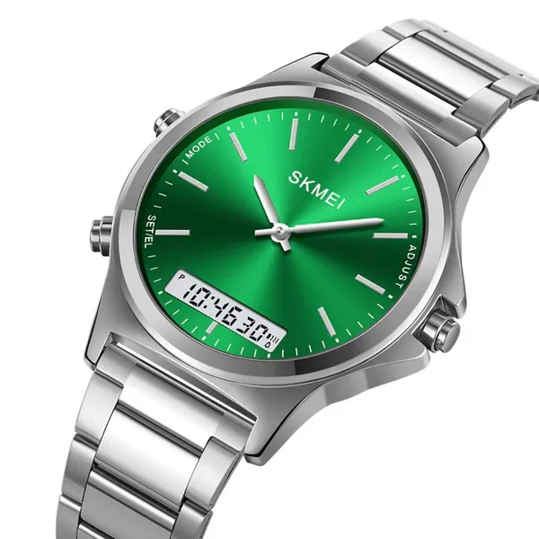 SKMEI 2120 Sport Waterproof Dual Display Digital Chrono Men's Watch – Dial Color: Green, Strap Color: Silver – View 2