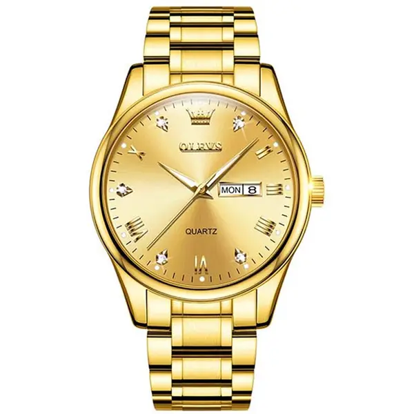 Olevs 5563 Diamond Studded Stainless Steel Waterproof Quartz Analog Watch for Couples – Dial Color: Gold, Strap Color: Gold – View 3