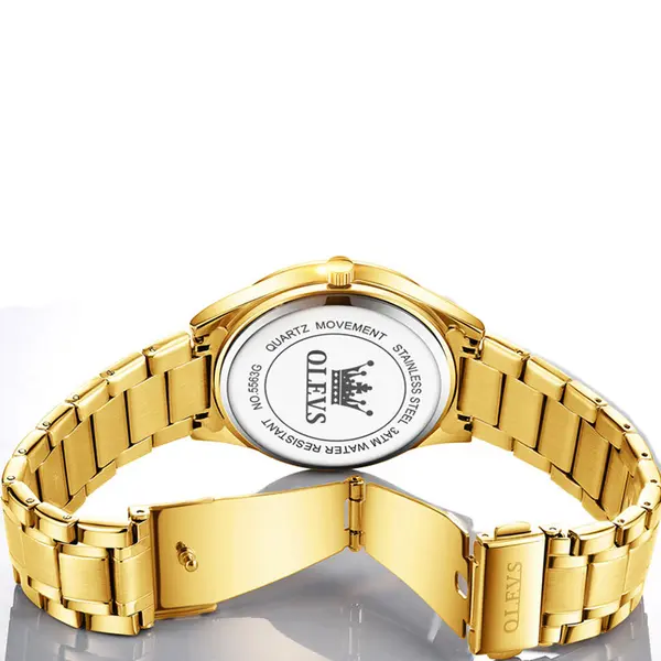 Olevs 5563 Diamond Studded Stainless Steel Waterproof Quartz Analog Watch for Couples – Dial Color: Gold, Strap Color: Gold – View 12