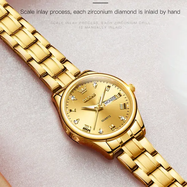 Olevs 5563 Diamond Studded Stainless Steel Waterproof Quartz Analog Watch for Couples – Dial Color: Gold, Strap Color: Gold – View 8
