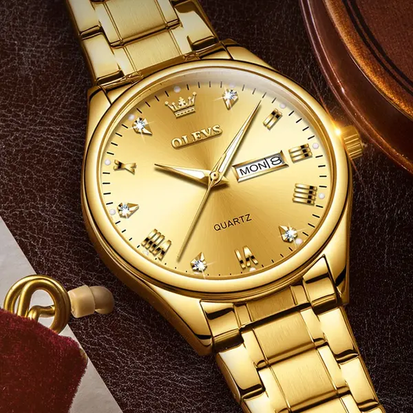 Olevs 5563 Diamond Studded Stainless Steel Waterproof Quartz Analog Watch for Couples – Dial Color: Gold, Strap Color: Gold – View 11