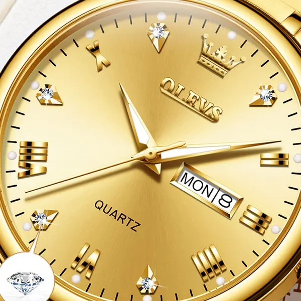Olevs 5563 Diamond Studded Stainless Steel Waterproof Quartz Analog Watch for Couples – Dial Color: Gold, Strap Color: Gold – View 13