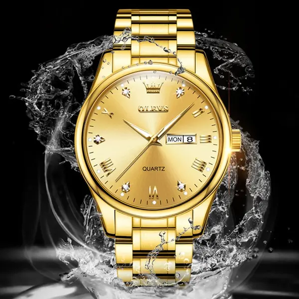 Olevs 5563 Diamond Studded Stainless Steel Waterproof Quartz Analog Watch for Couples – Dial Color: Gold, Strap Color: Gold – View 14