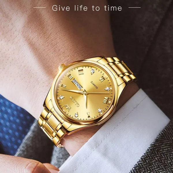 Olevs 5563 Diamond Studded Stainless Steel Waterproof Quartz Analog Watch for Couples – Dial Color: Gold, Strap Color: Gold – View 16