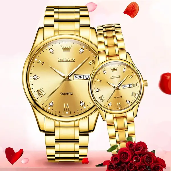 Olevs 5563 Diamond Studded Stainless Steel Waterproof Quartz Analog Watch for Couples – Dial Color: Gold, Strap Color: Gold – View 18
