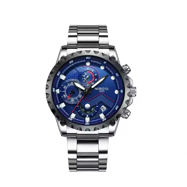 Nibosi 2322 Stylish Stainless Steel & Chronograph Men Watch – Dial Color: Blue, Strap Color: Silver – View 1