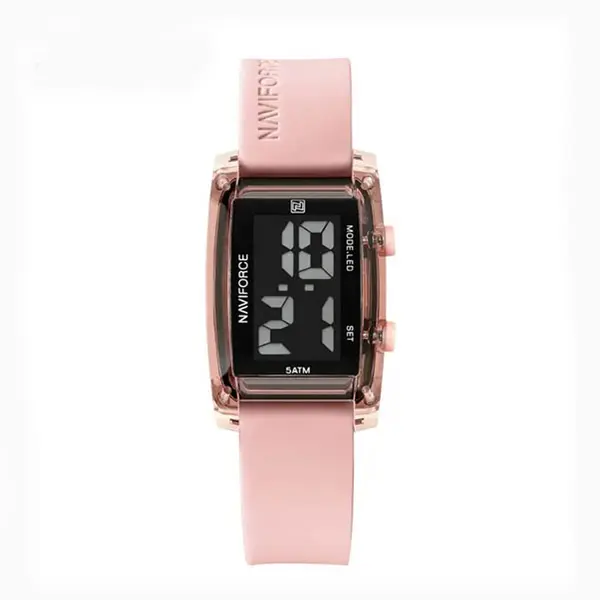 Naviforce NF7118 Comfortable Silicone Starp Digital Fashion Women's Watch – Dial Color: Black, Strap Color: Pink – View 1