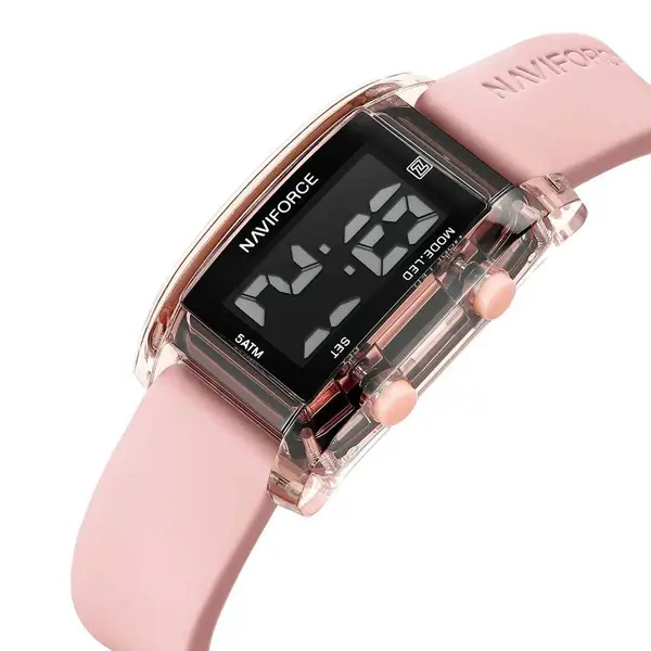 Naviforce NF7118 Comfortable Silicone Starp Digital Fashion Women's Watch – Dial Color: Black, Strap Color: Pink – View 2