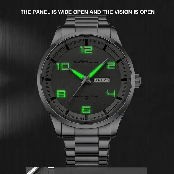 CRRJU 5005 Classic Stainless Steel Multifunctional Analog Quartz Fashion Men's Watch – Dial Color: Black, Strap Color: Silver – View 2