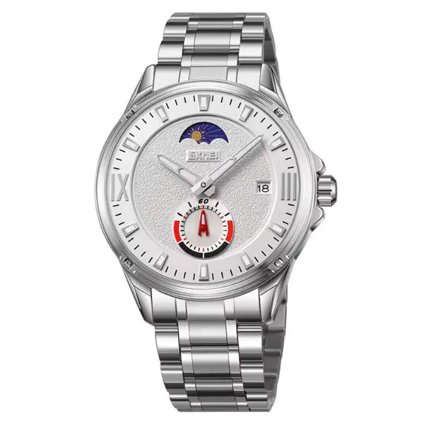 SKMEI 9326 Quartz Stainless Steel Analog Moon Phase Men's Watch – Dial Color: White, Strap Color: Silver – View 1