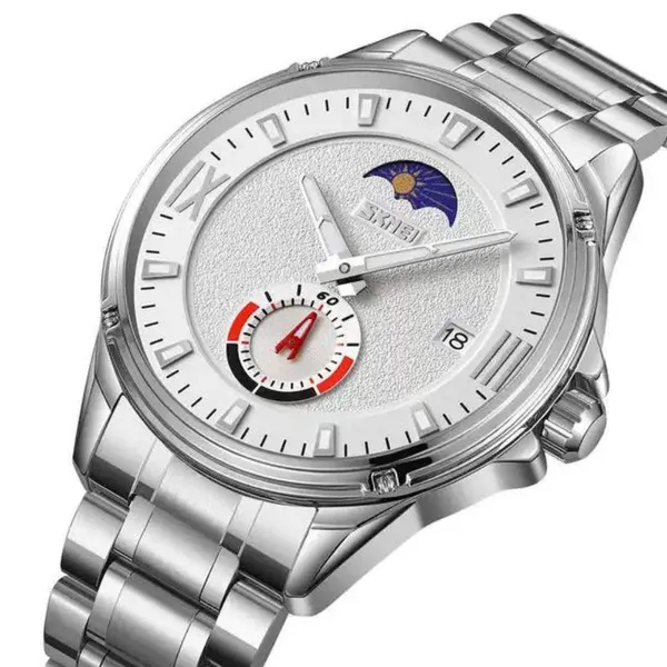 SKMEI 9326 Quartz Stainless Steel Analog Moon Phase Men's Watch – Dial Color: White, Strap Color: Silver – View 2