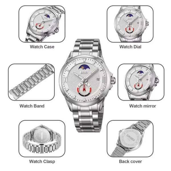 SKMEI 9326 Quartz Stainless Steel Analog Moon Phase Men's Watch – Dial Color: White, Strap Color: Silver – View 3