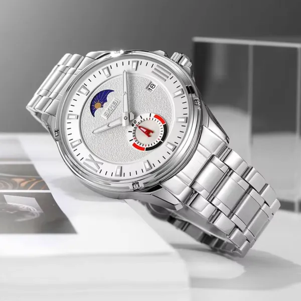 SKMEI 9326 Quartz Stainless Steel Analog Moon Phase Men's Watch – Dial Color: White, Strap Color: Silver – View 4