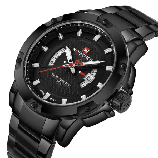 Naviforce 9085 Water Resistant Stainless Steel Quartz Men's Watch – Dial Color: Black, Strap Color: Black – View 2