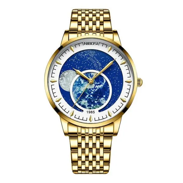 Nibosi 2539 New Sky Stars Design Stainless Steel Analog Men's Watch – Dial Color: Gold, Strap Color: Gold – View 1