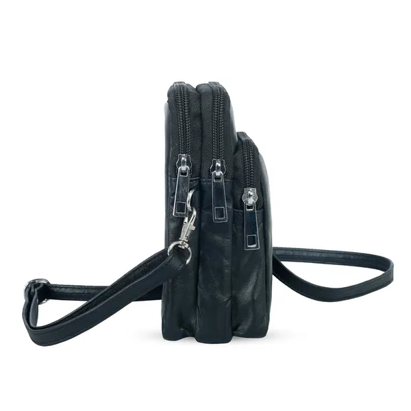 3 Chamber Unisex Leather Messenger Bag with Strip Belt – Color: Black – View 5